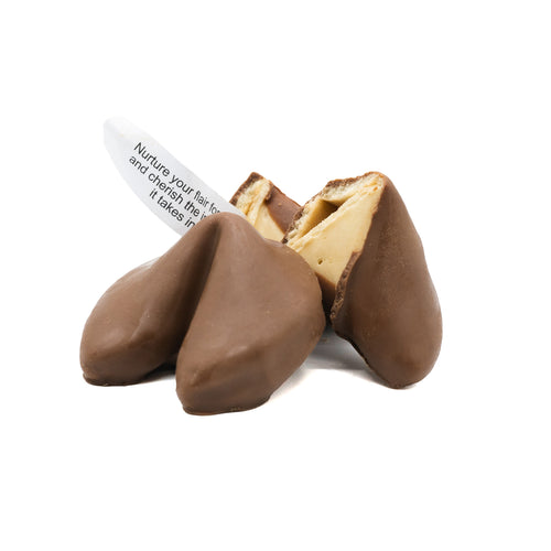 Two milk chocolate-covered fortune cookies on a white background | Shop for locally handcrafted treats at Made In Washington gift stores.