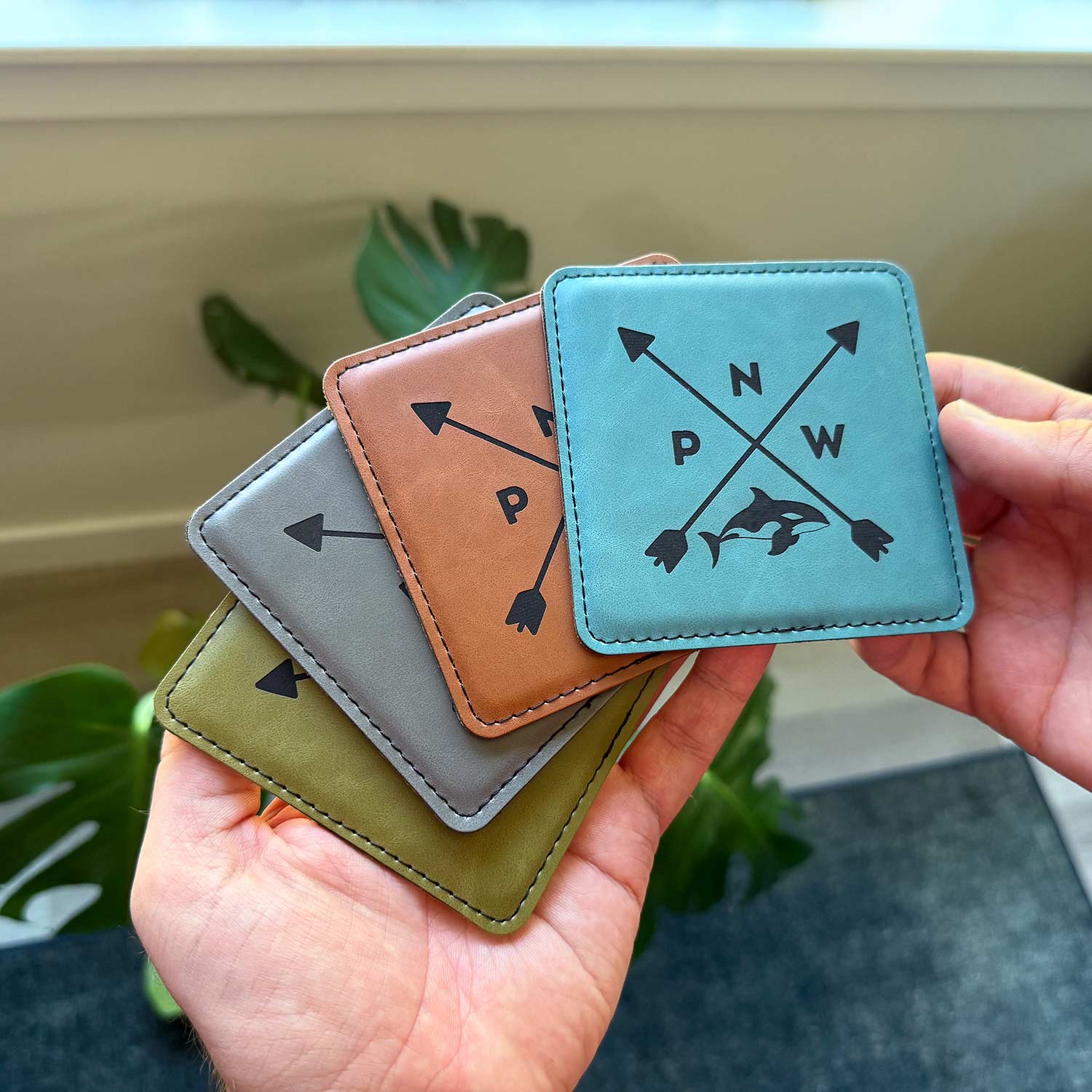 PNW Compass Coaster Set | Vegan Leather Drink Coasters