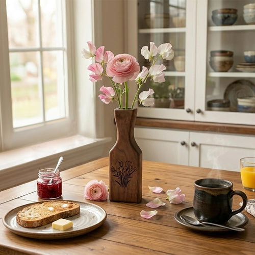 Sideview of handmade Wooden vase with floral engraving on a white background