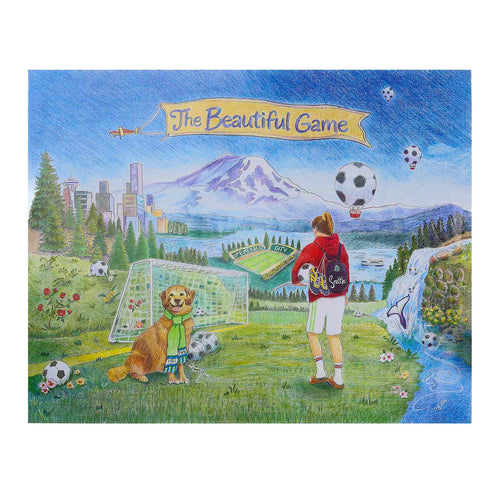 Illustration by Christina Gracheck of a person with a dog playing soccer in a scenic setting with mountains and cityscape.