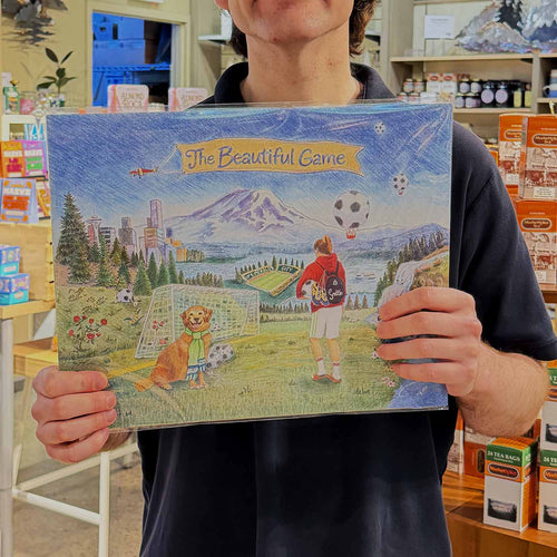 Illustration by Christina Gracheck of a person with a dog playing soccer in a scenic setting with mountains and cityscape.