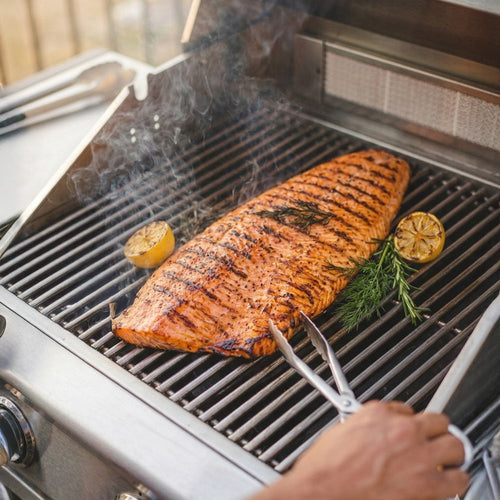 Full side of sockeye salmon on the grill.