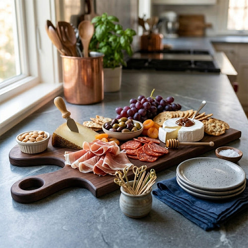 Wooden cutting board with a handle on a white background