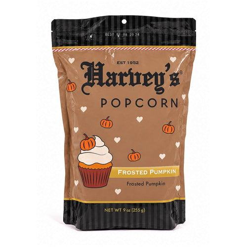 Bag of Harvey's Frosted Pumpkin Spice Popcorn gourmet fall snack on a white background.