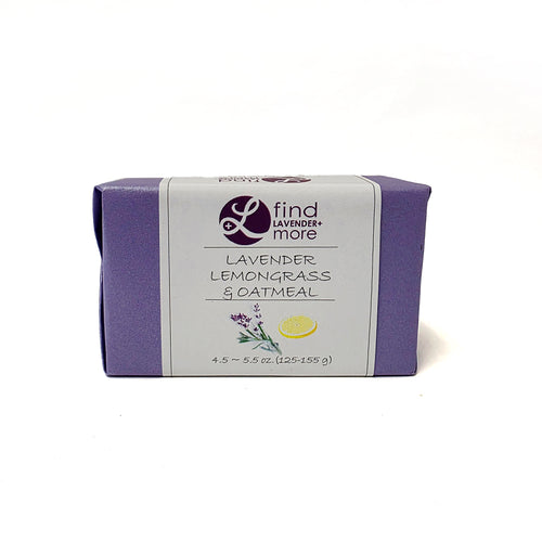 Find Lavender bar soap wrapped in a metallic purple wrapper with a white label with the scent Lavender Lemongrass & Oatmeal.
