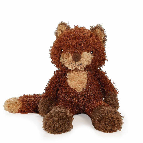 Foxy, a brown curly-fleece fox with a lighter beige snout, chest patch, and paw tips, sitting against a plain white background.