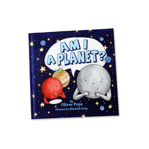 A children's hardcover book titled 'AM I A PLANET?' by Oliver Popa, featuring playful cartoon illustrations of planets on a dark starry space background.