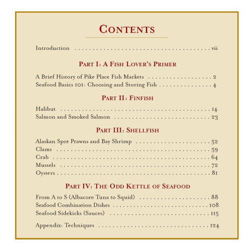 Pike Place Public Market Seafood Cookbook by Braiden Rex-Johnson, featuring a red border and a collage of market scenes on a white background.