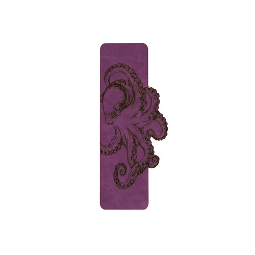 A purple bookmark featuring an octopus design printed on the front, shown against a plain white background.