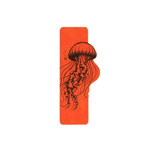 An orange bookmark featuring a black line art illustration of a jellyfish.