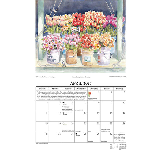 A square watercolor-style calendar cover for Pike Place Market / Seattle Calendar 2027, shown at a slight angle on a white background. The artwork depicts a Seattle cityscape with the Space Needle, skyline, waterfront, and Mount Raina.