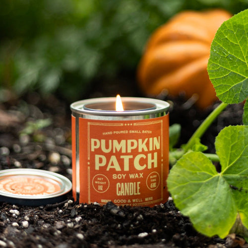 A single can of Good and Well Brand 'Pumpkin Patch' soy wax candle on a solid white background.