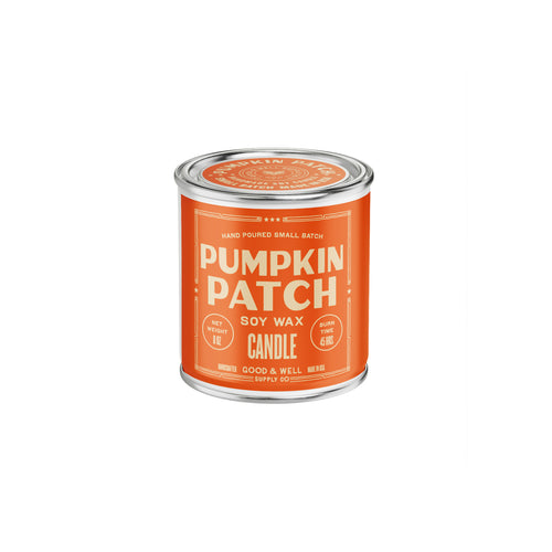 A single can of Good and Well Brand 'Pumpkin Patch' soy wax candle on a solid white background.