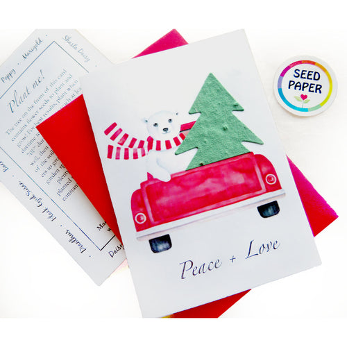 A Christmas greeting card featuring a white polar bear in a red pickup truck carrying a green plantable seed paper Christmas tree, with a red and white striped scarf and the words 'Peace + Love' printed below. A small printed back card is shown beside it on a white background.