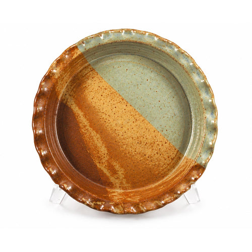 Wheel-thrown stoneware pie pan in Oasis slate blue, rust, and brown glaze by Clear Creek Pottery