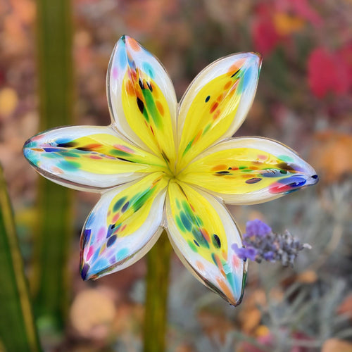 Hand-blown yellow glass lily flower with multicolored speckled petals on a green stem by Island Art Glass.