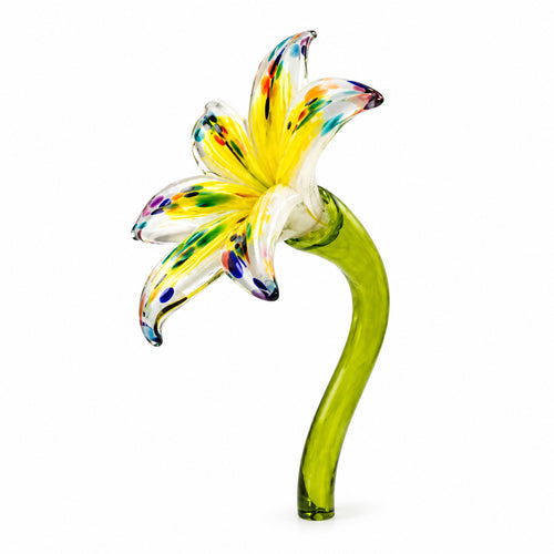 Hand-blown yellow glass lily flower with multicolored speckled petals on a green stem by Island Art Glass.