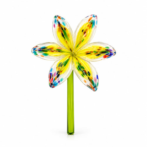 Hand-blown yellow glass lily flower with multicolored speckled petals on a green stem by Island Art Glass.