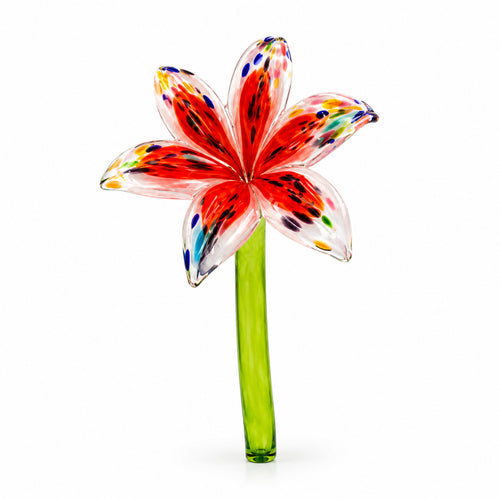 Hand-blown red glass lily flower with speckled multicolored petals on a green glass stem by Island Art Glass.
