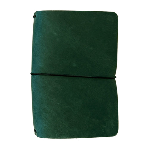 Forest green leather pocket field journal with black elastic band by 48 Degrees North Leather Co