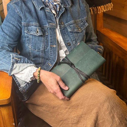 Evergreen forest green leather A5 journal bound with a matching leather tie lace by 48 Degrees North Leather Co