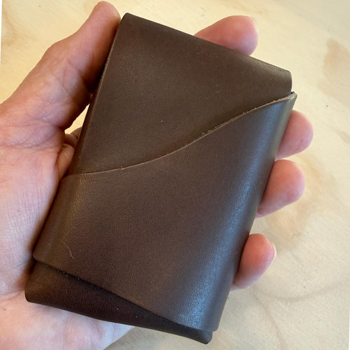 Compact dark espresso brown folded leather card wallet with tuck closure by 48 Degrees North Leather Co