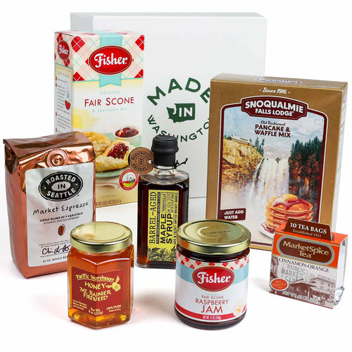 Assorted food and beverage products including scones, maple syrup, coffee, jam, and tea on a white background. | Made In Washington State Gift Baskets | Breakfast In A Box | Food Gift Basket | Care Packages From Washington State | PNW Gifts