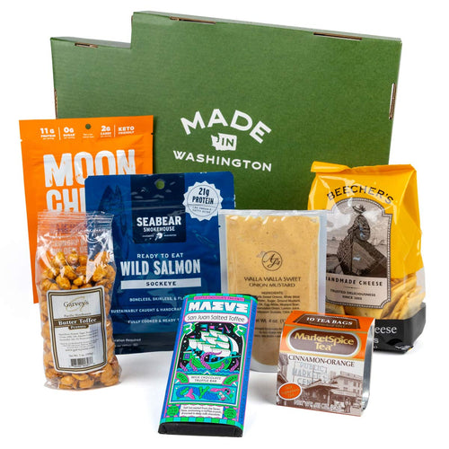 Bite Of Washington gift box packed with local snacks, SeaBear salmon, and Beecher's cheese.