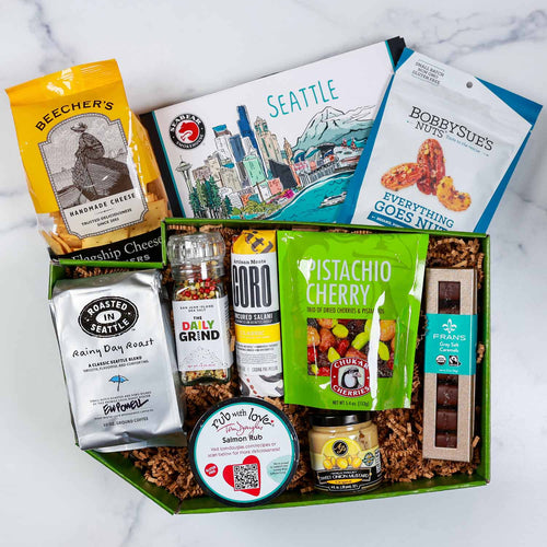 Assorted food products including bags, jars, and a box on a white background | Deluxe Bite of Washington Gift Basket  | Made In Washington | The Best Local Treats of Washington State | Gifts From The Pacific Northwest
