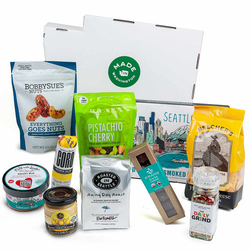 Assorted food products including bags, jars, and a box on a white background | Deluxe Bite of Washington Gift Basket  | Made In Washington | The Best Local Treats of Washington State | Gifts From The Pacific Northwest