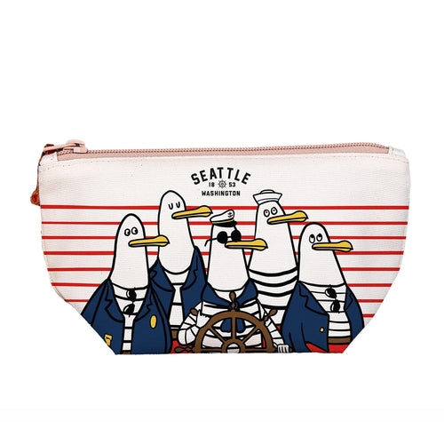A zippered pouch featuring a cartoon illustration of five seagulls in sailor uniforms on a white background with red horizontal stripes. The text 'SEATTLE 1853 WASHINGTON' is printed above the illustration.