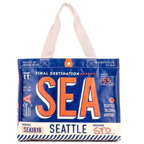 Tote bag with 'SEA' and 'Seattle' text on a blue background | Chalo SEA Luggage Tag Travel Tote Navy  | Made In Washington | Local Gifts
