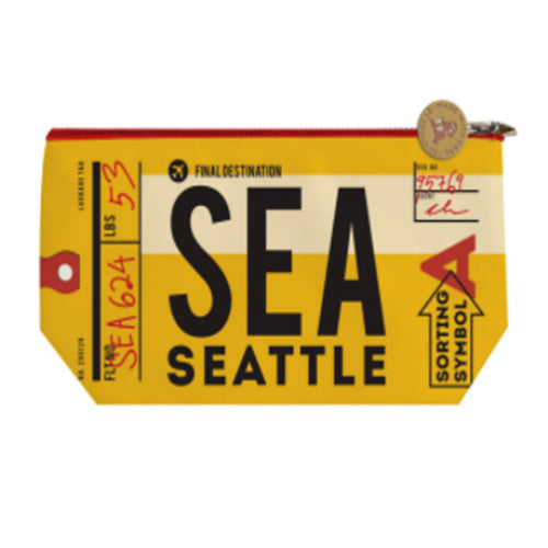 Yellow pouch with 'SEA Seattle' design on a white background | Chalo Seattle Yellow Luggage Tag Medium Pouch | Made In Washington | Travel Pouch Gifts