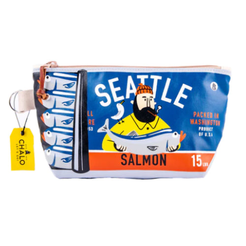 Pouch with Seattle Salmon design and Chalo tag on a white background | Chalo Seattle Salmon Can Medium Pouch Blue | Made In Washington | PNW Gifts | Cosmetic Bags