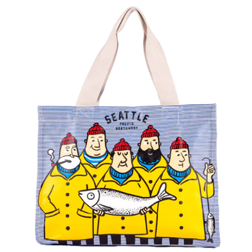 Tote bag with illustration of four fishermen in yellow raincoats holding a fish, with 'Seattle' text above. | Chalo SEA Fishermen Travel Tote Pinstripes | Made In Washington | PNW Gifts