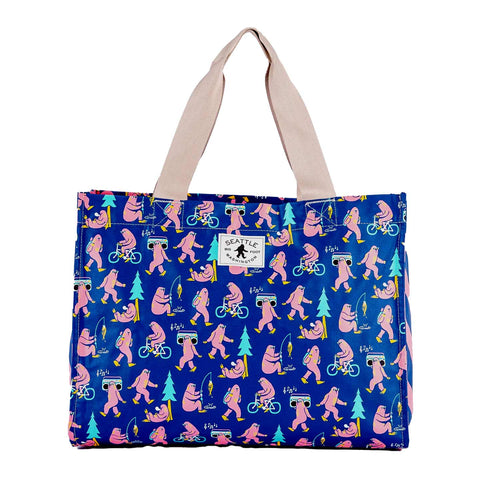 Tote bag with pink and blue pattern of Big Foot on a white background | Chalo Seattle Sasquatch Tote Bag | Made in Washington | Shop Local Gifts
