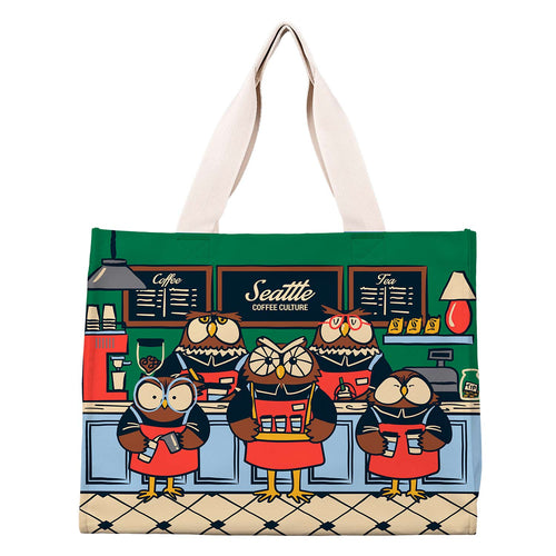 Chalo SEA Owl Baristas large travel tote bag featuring an illustration of five owls making coffee on a striped background.