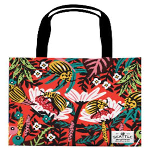 Tote bag with floral and beetles pattern on an orange background | Chalo Seattle Beetles Travel Totes Orange Green | Made In Washington | Tote Bag gifts from PNW