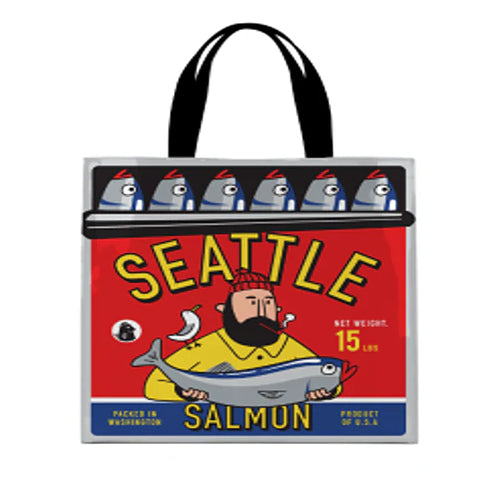 Tote bag with a design inspired by a vintage salmon can label from Seattle. | Chalo Seattle Salmon Can Shopping Bag | Made In Washington | Tote Bags | Local Gifts