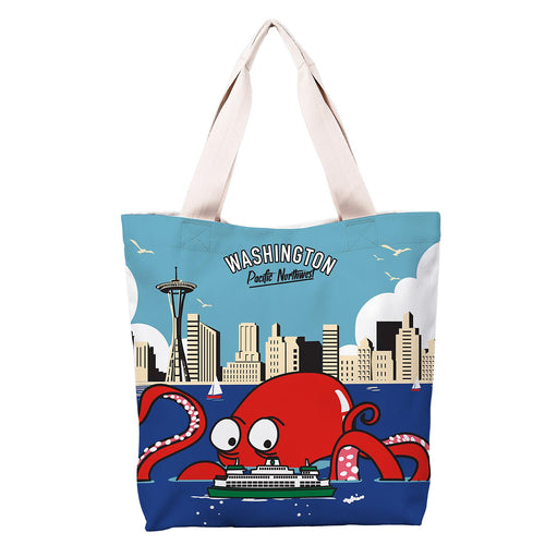 Chalo tote bag with a cityscape and red octopus design on a blue background