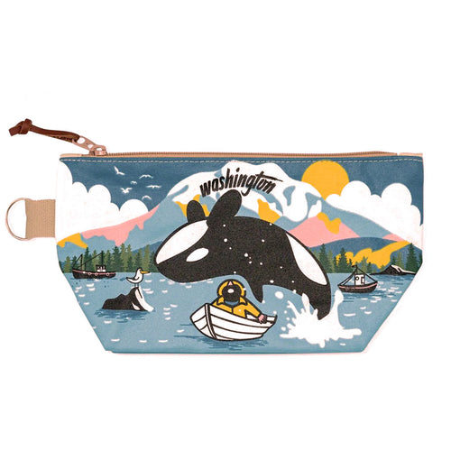 Pouch with an orca whale design and 'Washington' text on a scenic background. | Chalo Seattle | Washington Leaping Orca Medium Pouch | Made In Washington | PNW