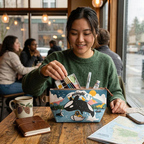 Pouch with an orca whale design and 'Washington' text on a scenic background. | Chalo Seattle | Washington Leaping Orca Medium Pouch | Made In Washington | PNW