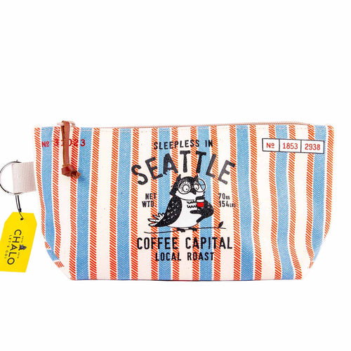Medium Chalo travel pouch featuring a screen-printed owl holding a coffee cup and SEA Owl Roastery text on a striped background.