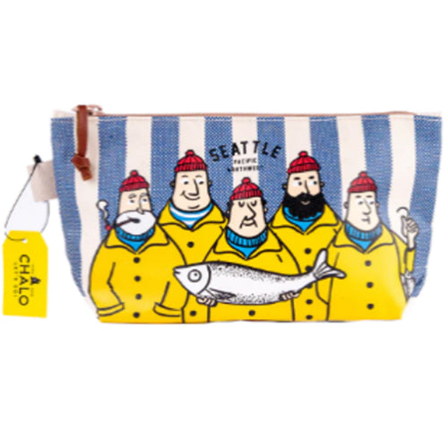 Pouch with cartoon fishermen design and 'Seattle' text on a white  background | Chalo Seatle | Fishermen Blue Candy Stripe Medium Pouch | Made In Washington | PNW Gifts