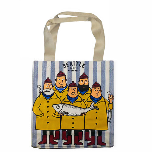 Tote bag with cartoon fishermen design and 'Seattle Pacific Northwest' text on a striped background | Chalo Seattle Fisherman Shopping Bag Blue Candy Stripe | Made In Washington