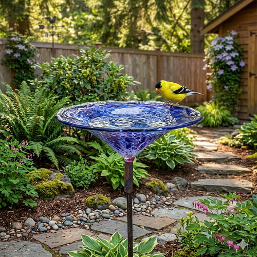 Island Art Glass | Made In Washington | Blue-Purple White Birdbath | Bird Bath For Your Garden