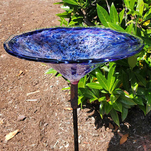 Island Art Glass | Made In Washington | Blue-Purple White Birdbath | Sculpted Glass Bird Bath