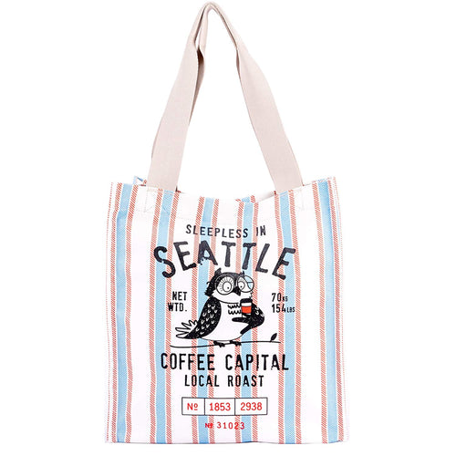 Chalo SEA Owl Roastery shopping tote bag featuring a screen-printed owl holding a coffee cup with a colorful striped background.