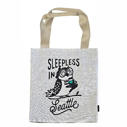 Tote bag with owl graphic and 'Sleepless in Seattle' text on a white background | Chalo Sleepless In Seattle Simple Tote | Made In Washington | Local Gifts