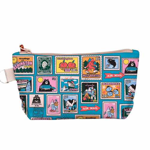 Medium Chalo zippered pouch featuring a screen-printed pattern of Washington State travel stamps and Air Mail arrows on a white background.